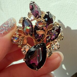 Vintage Purple Rhinestone Brooch Amethyst Navette AB Crystal Floral Spray Pin